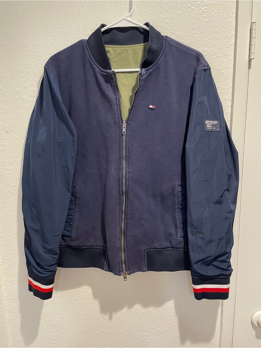 Tommy Hilfiger Reversible Bomber Jacket Men L Blue Green Flight Varsity